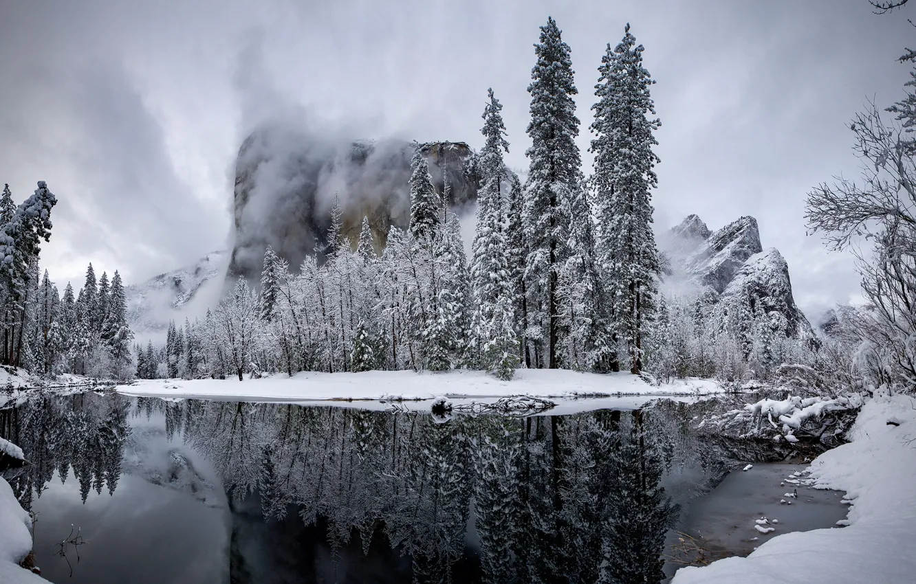Photo wallpaper winter, mountains, fog, river