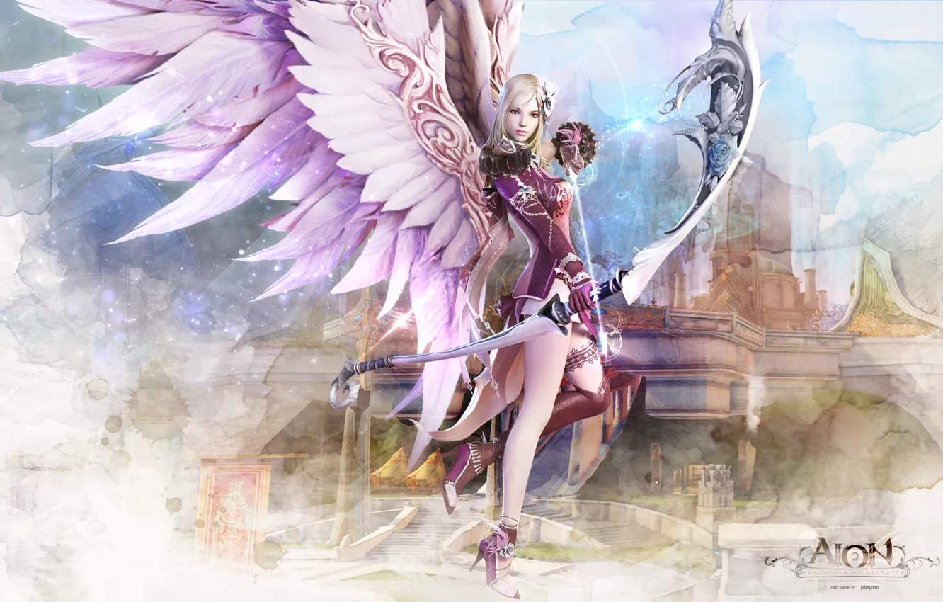 Photo wallpaper weapons, castle, Girl, wings, Game, Wallpaper, Wallpapers, AION