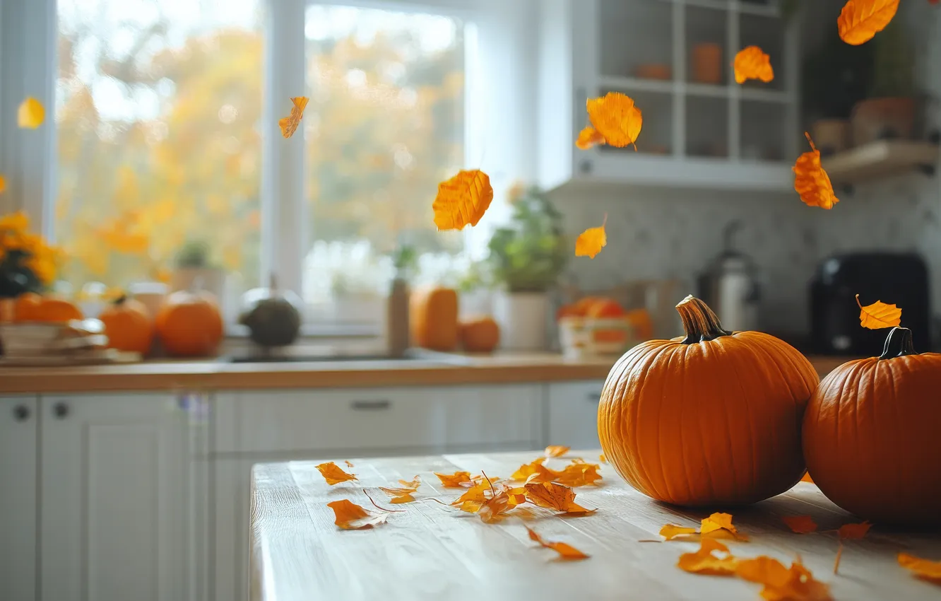 Photo wallpaper autumn, light, table, holiday, window, kitchen, pumpkin, Halloween