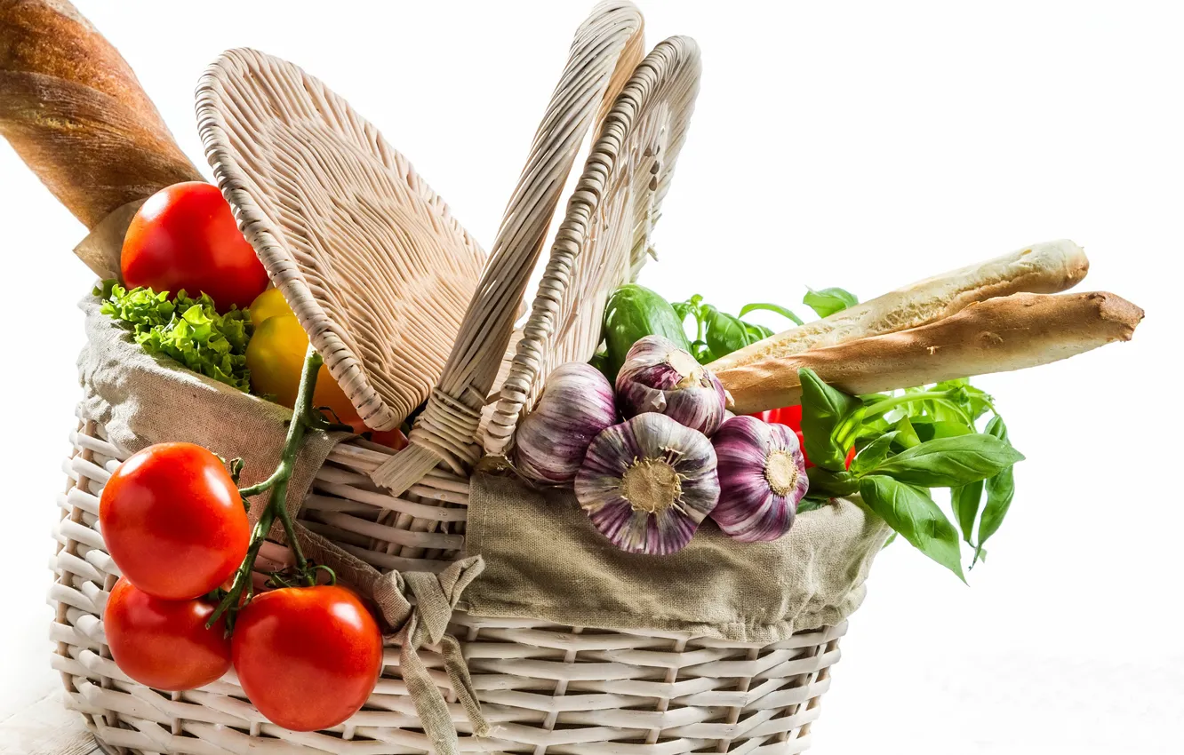 Photo wallpaper basket, bread, vegetables, tomatoes