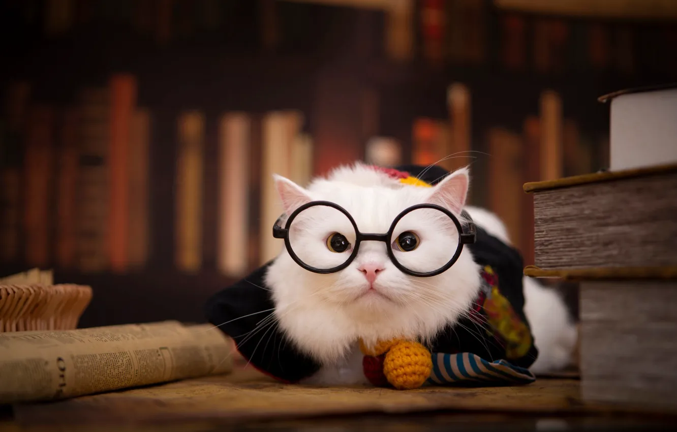 Photo wallpaper cat, white, cat, look, pose, glasses, costume, newspaper