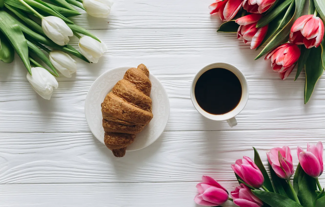 Photo wallpaper flowers, coffee, tulips, drink, croissant