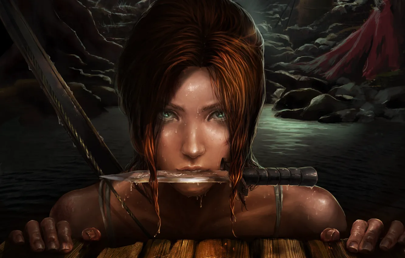 Photo wallpaper eyes, look, water, drops, face, art, knife, Lara Croft