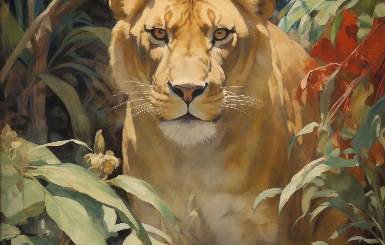 Photo wallpaper look, face, leaves, art, lioness, front, big cat, predator