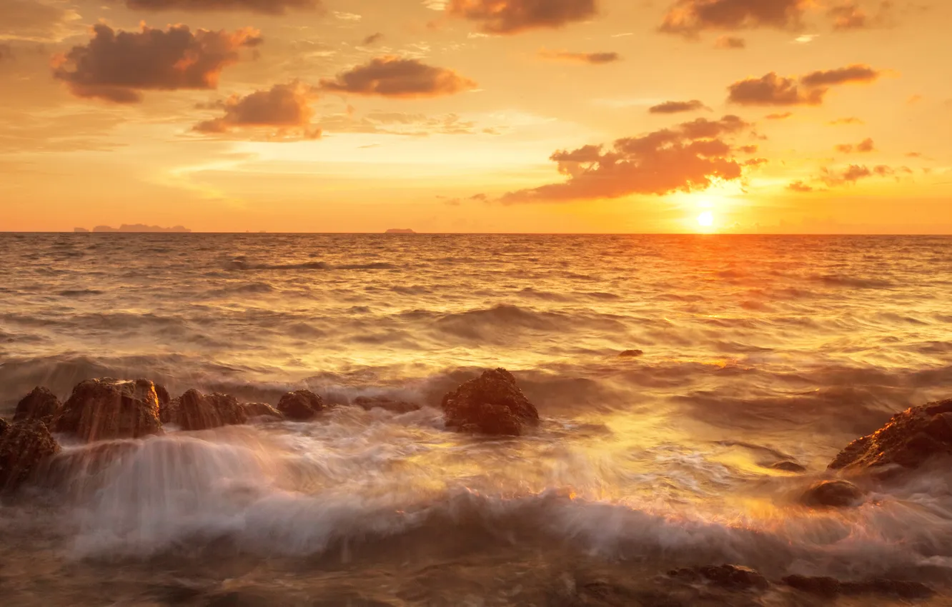 Photo wallpaper sea, wave, the sun, clouds, rays, light, sunset, stones