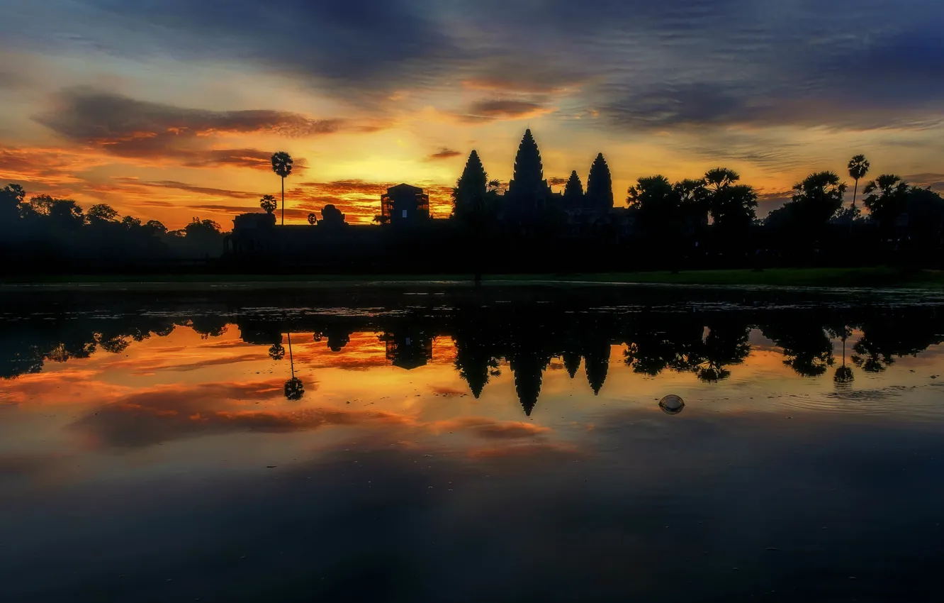 Photo wallpaper landscape, sunset, lake, reflection, architecture, the ancient city, Cambodia, Angkor Wat