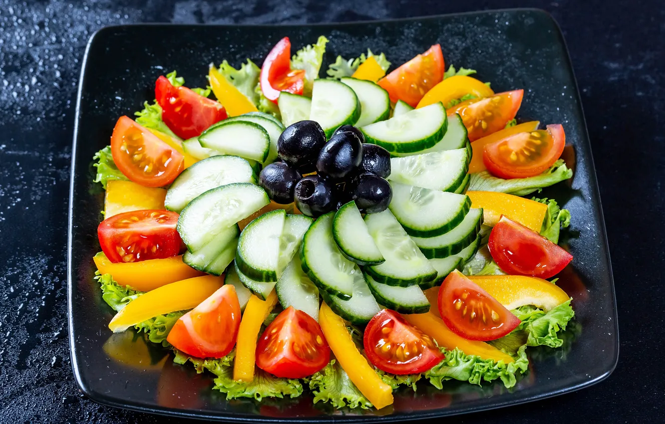 Photo wallpaper plate, vegetables, tomatoes, olives