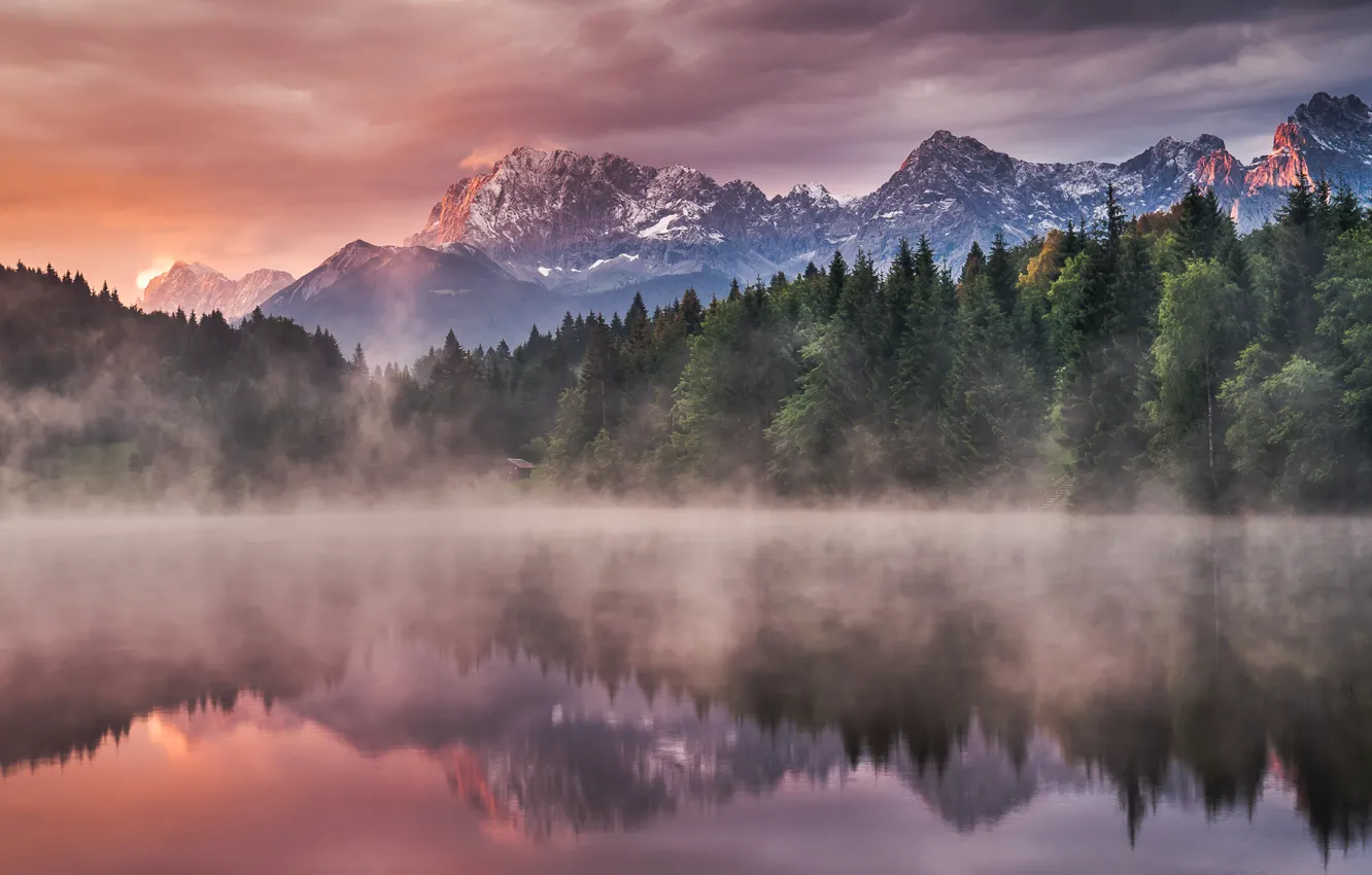 Photo wallpaper water, trees, landscape, mountains, nature, fog, lake, reflection