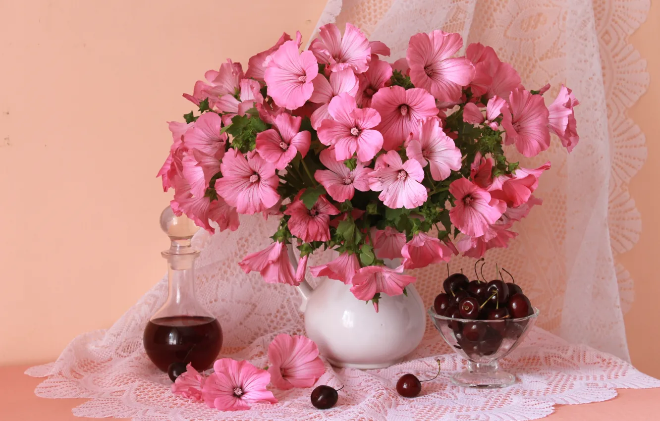 Photo wallpaper pink, cherry, lavatera