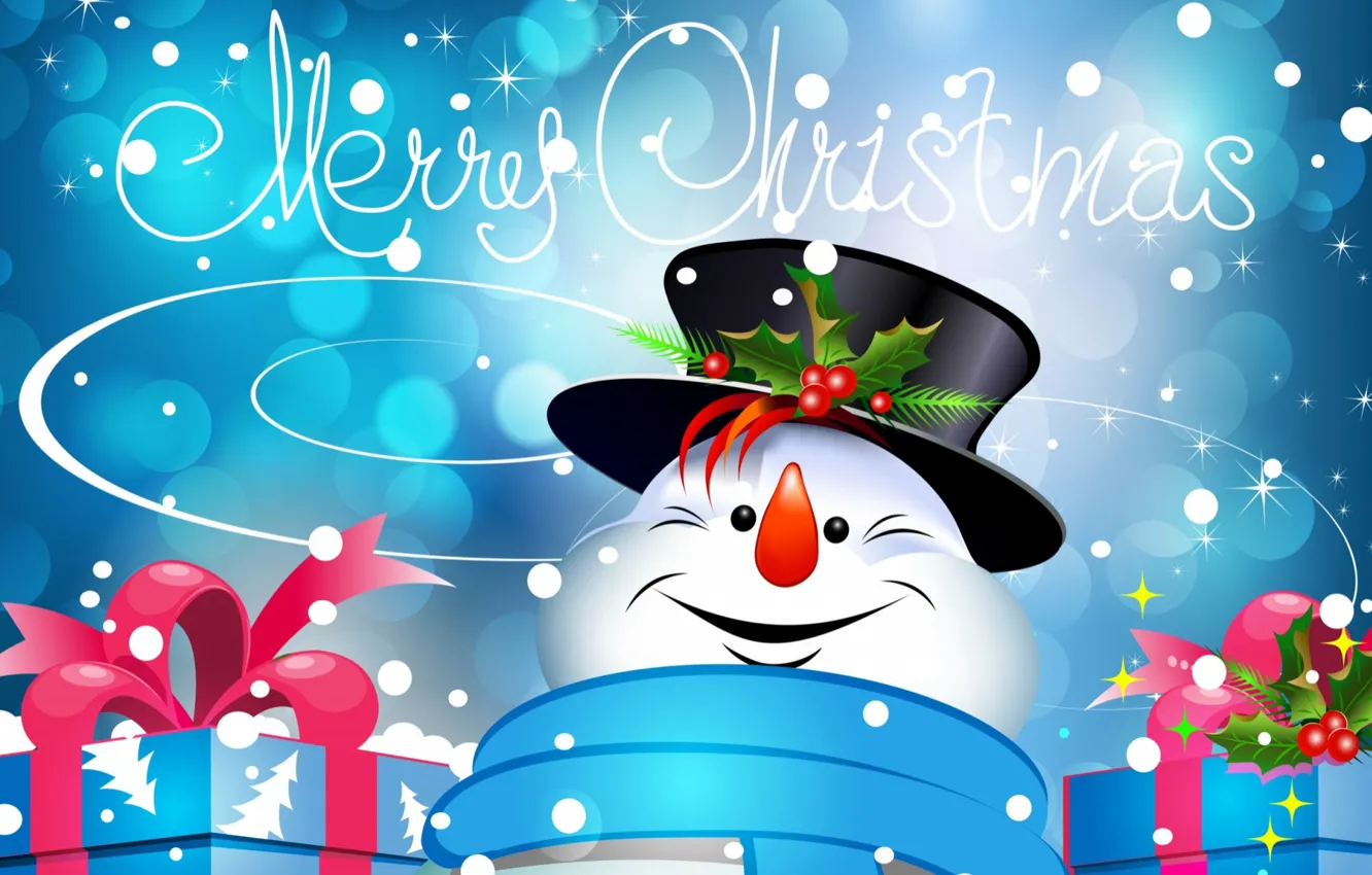 Photo wallpaper holiday, gift, hat, Christmas, snowman, cylinder, postcard