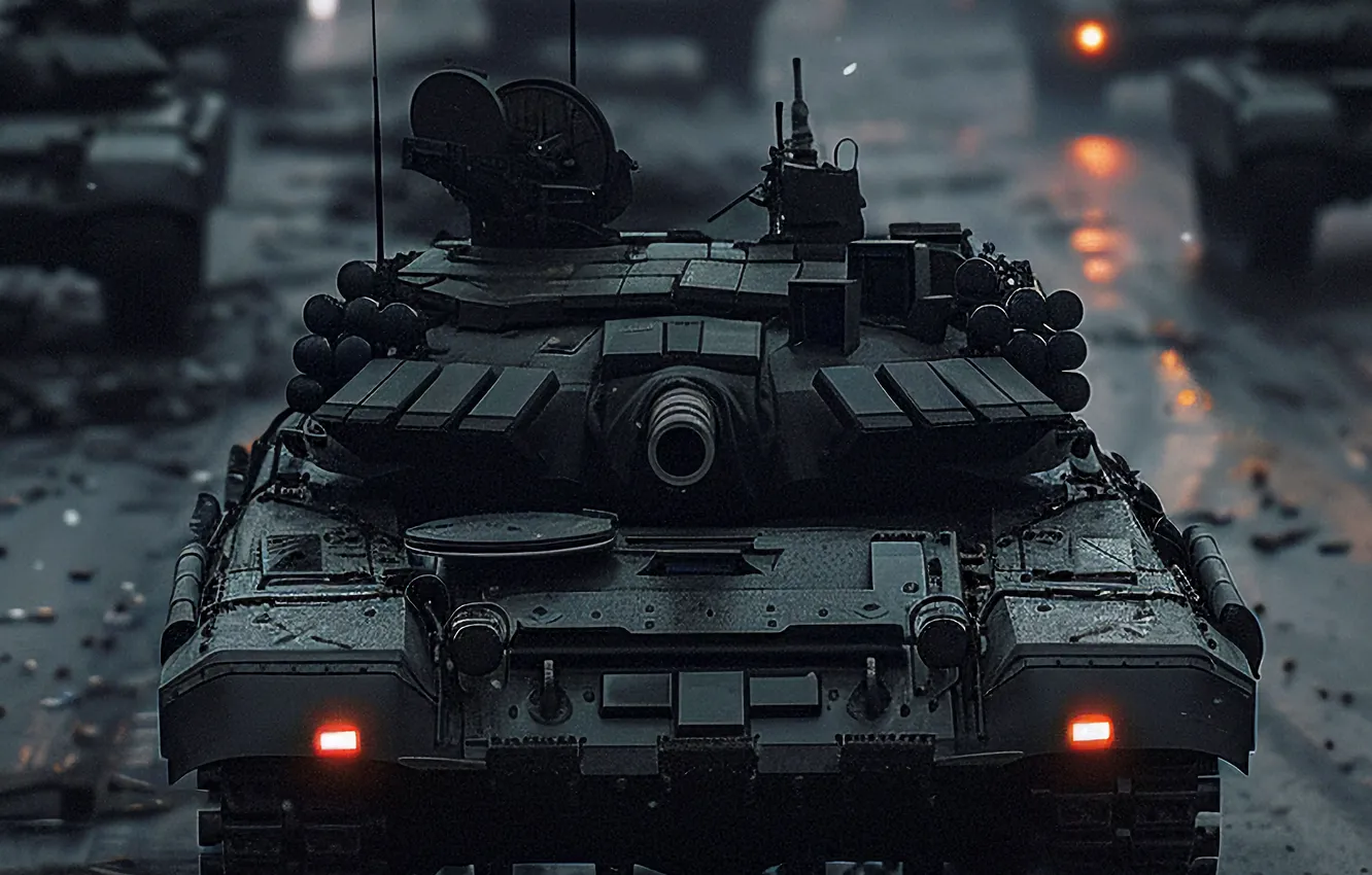 Photo wallpaper night, lights, tank, columns, digital art, AI art, The Art of Artificial Intelligence, neural network