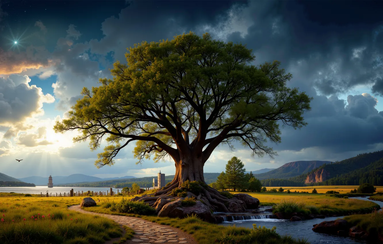 Photo wallpaper sky, clouds, tree