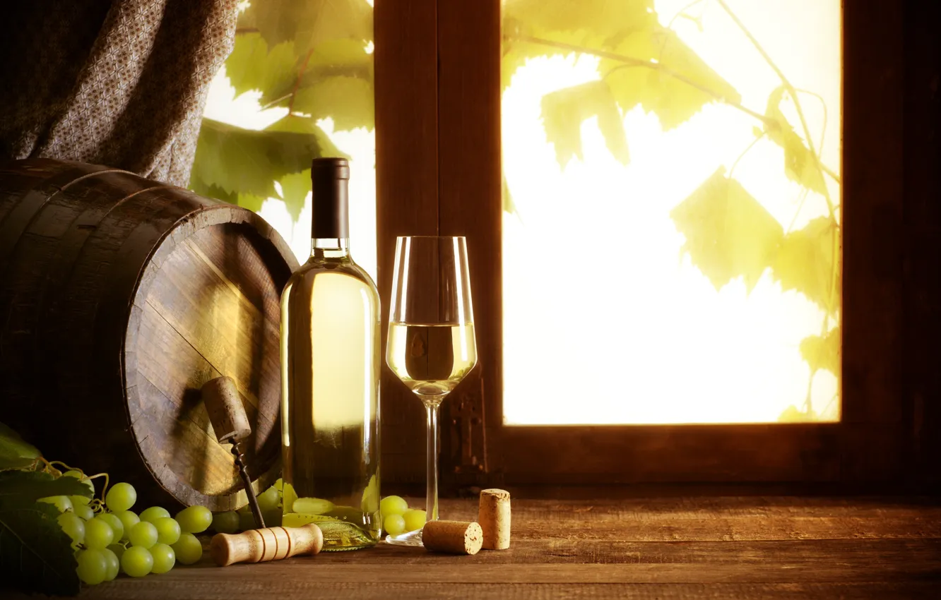 Photo wallpaper wine, white, glass, window, grapes, barrel
