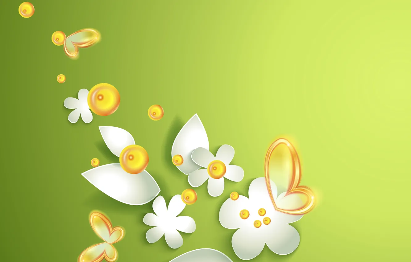 Photo wallpaper flowers, butterfly, green abstraction