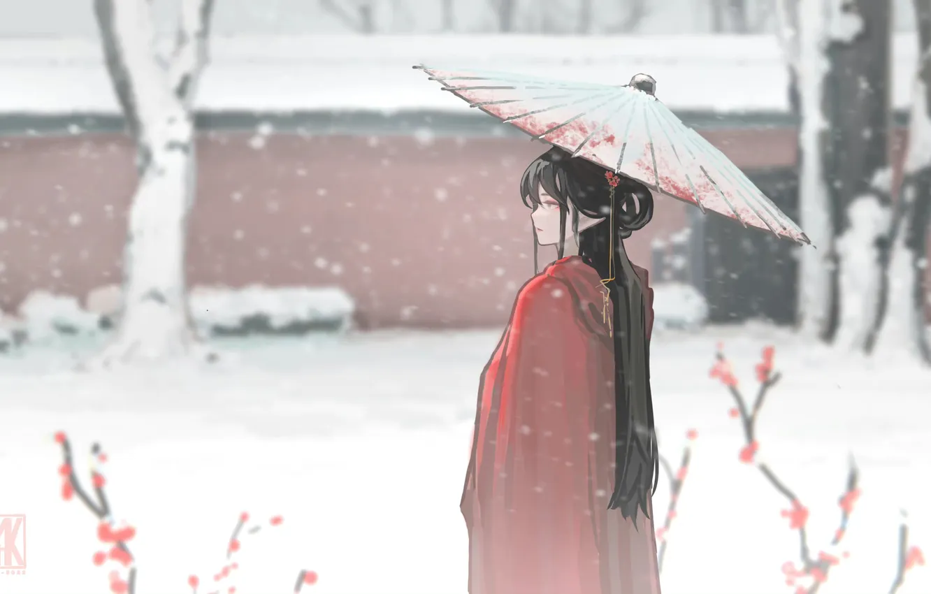 Photo wallpaper winter, girl, elf, umbrella