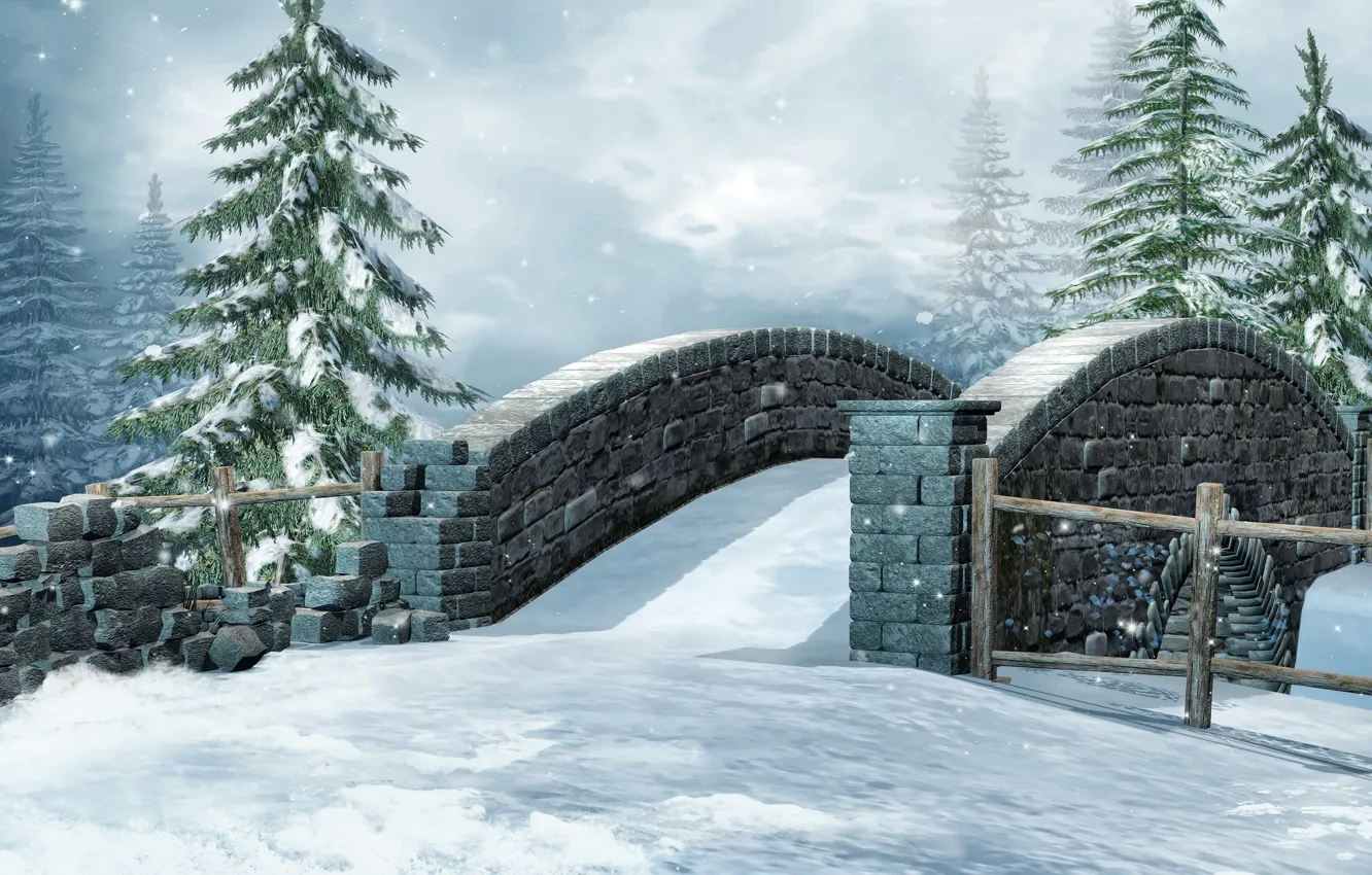 Photo wallpaper winter, snow, bridge, nature, photo, spruce, 3D graphics