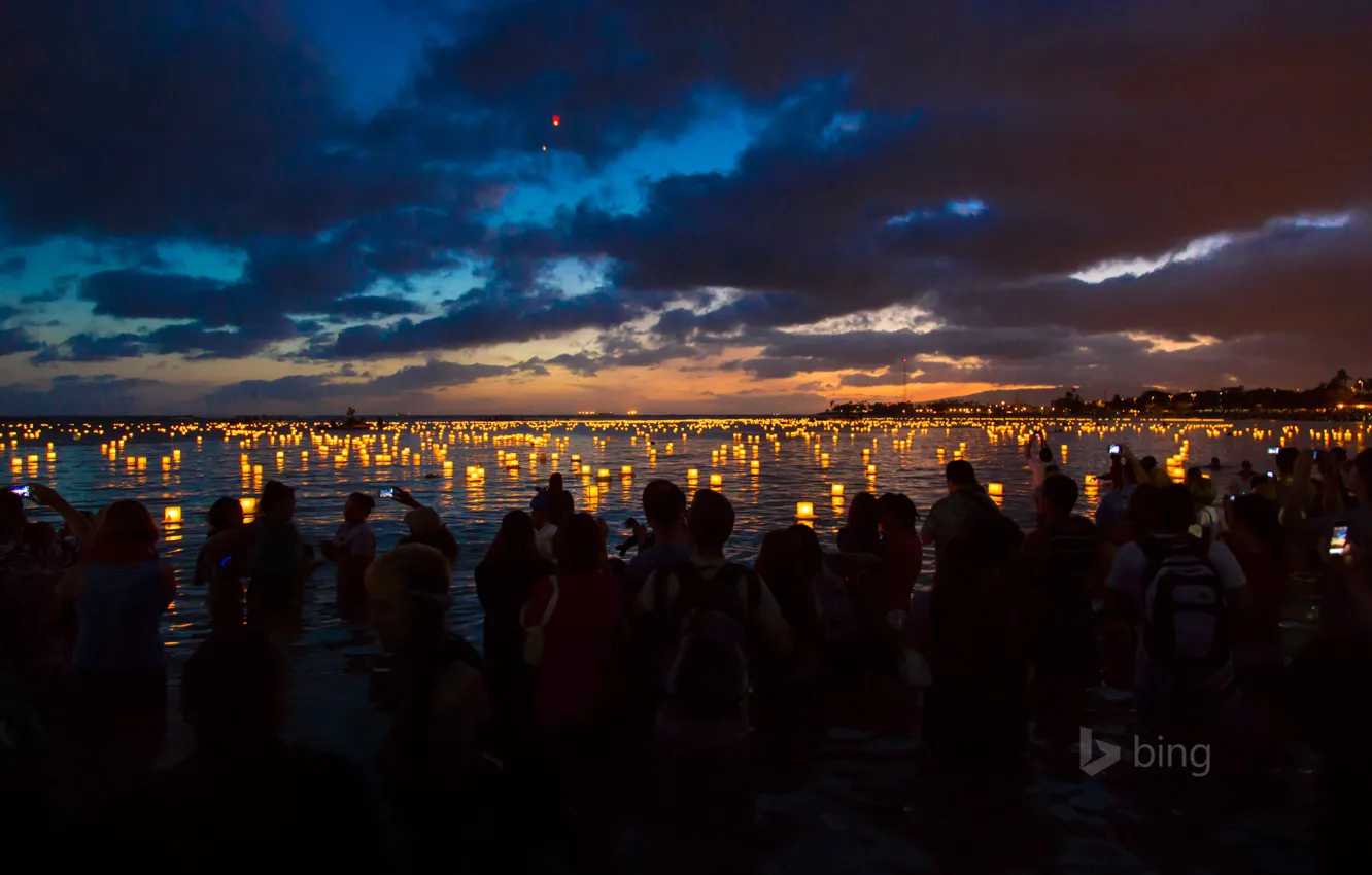 Photo wallpaper night, people, Hawaii, lanterns, Ala Moana Beach Park, Oahu