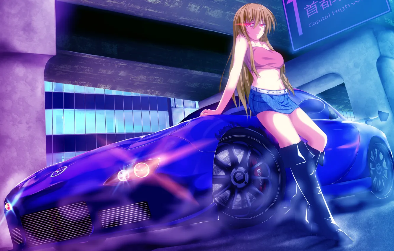Photo wallpaper girl, night, the city, Mazda, car, art, RX-7, contempt