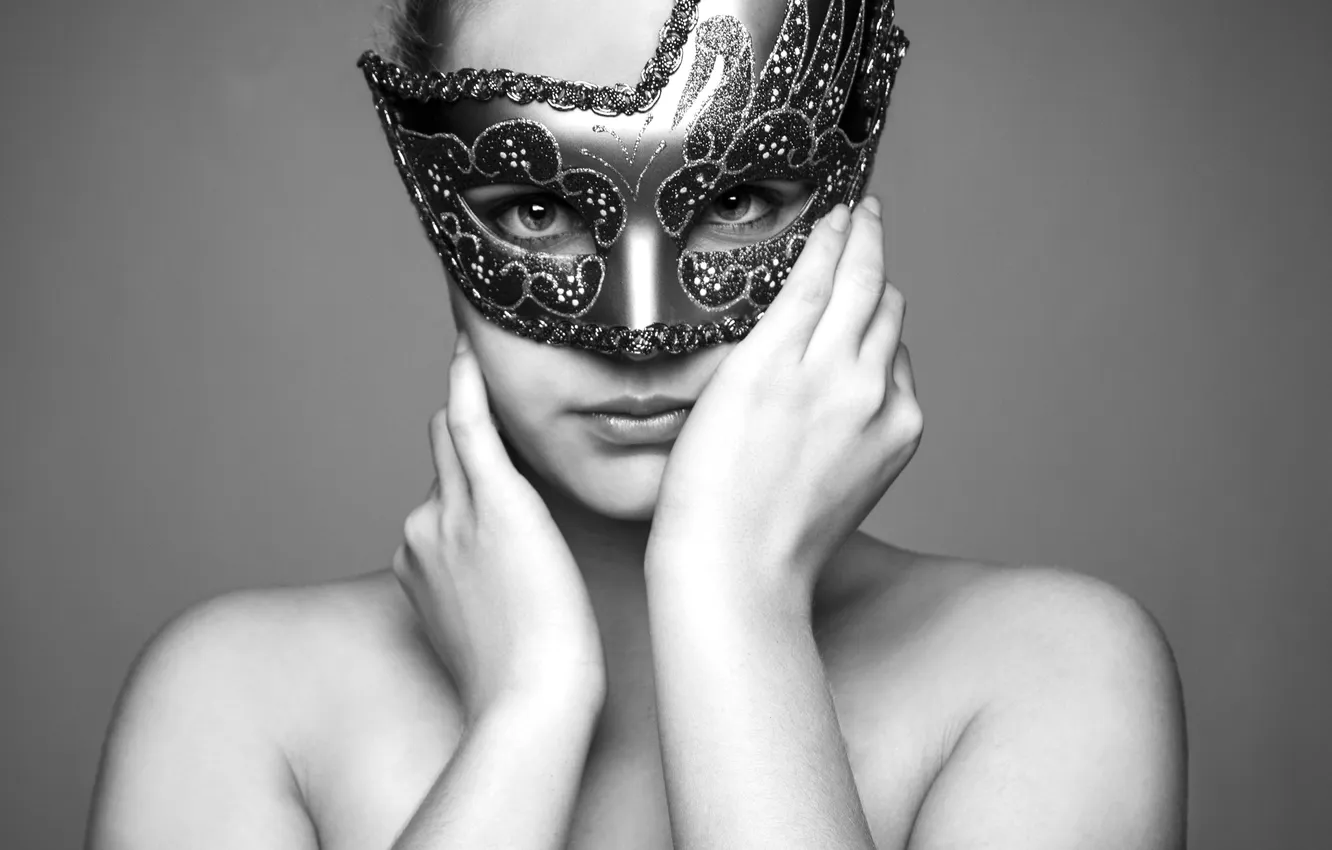 Photo wallpaper girl, mask, black and white