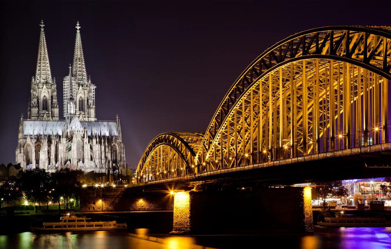 Photo wallpaper the sky, night, bridge, city, the city, lights, lights, reflection