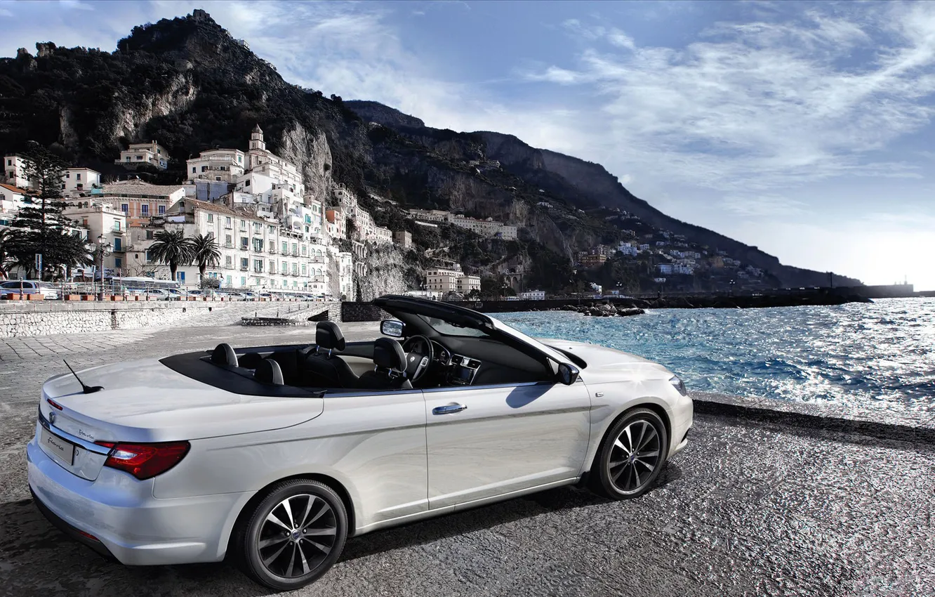 Photo wallpaper white, the sky, water, shore, convertible, rear view, Lancia, Cabrio