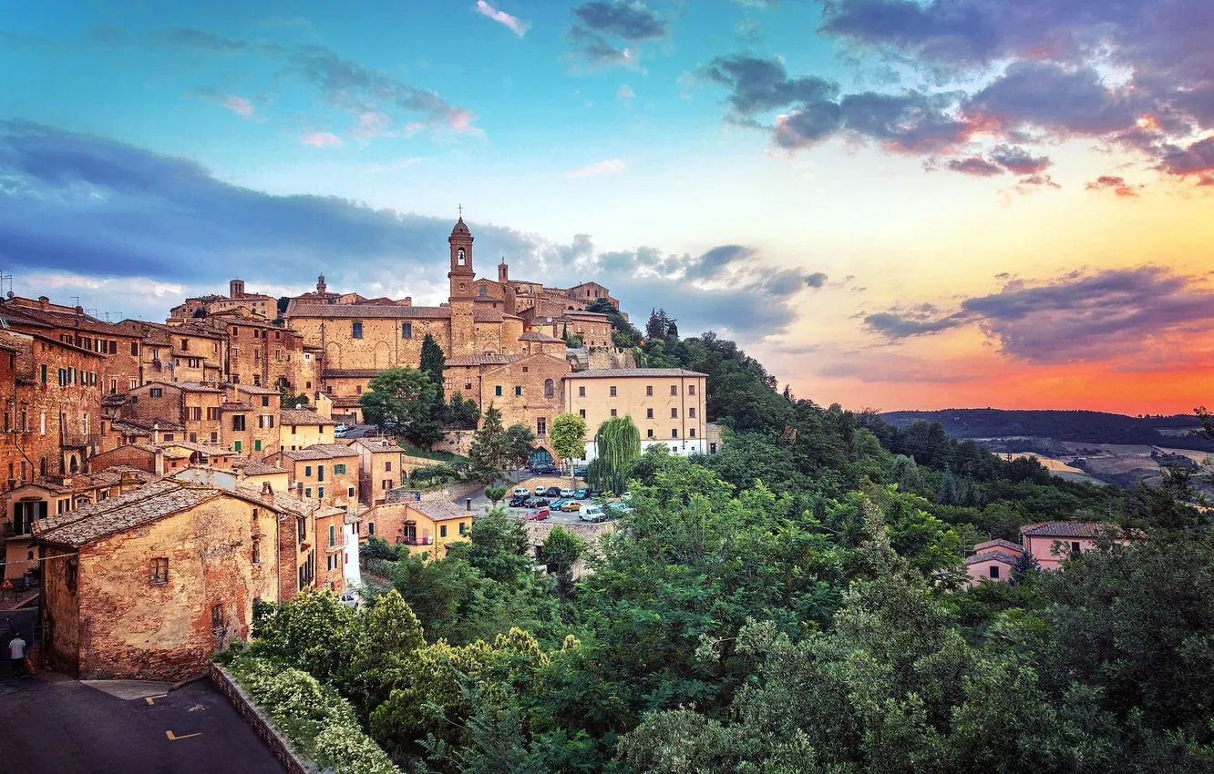 Photo wallpaper the sky, trees, building, home, Italy, Montepulciano