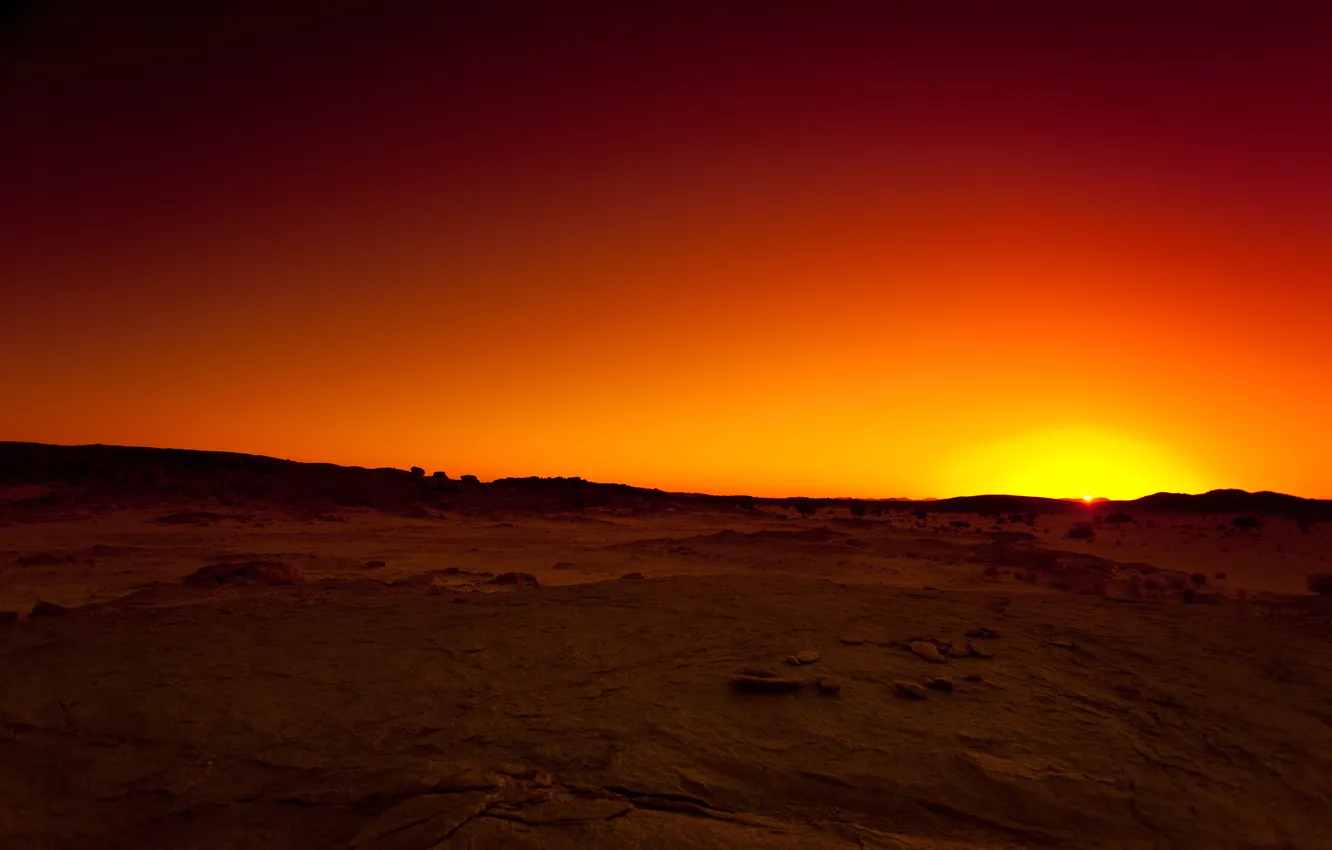 Photo wallpaper the sky, the sun, sunset, orange, yellow, stones, desert