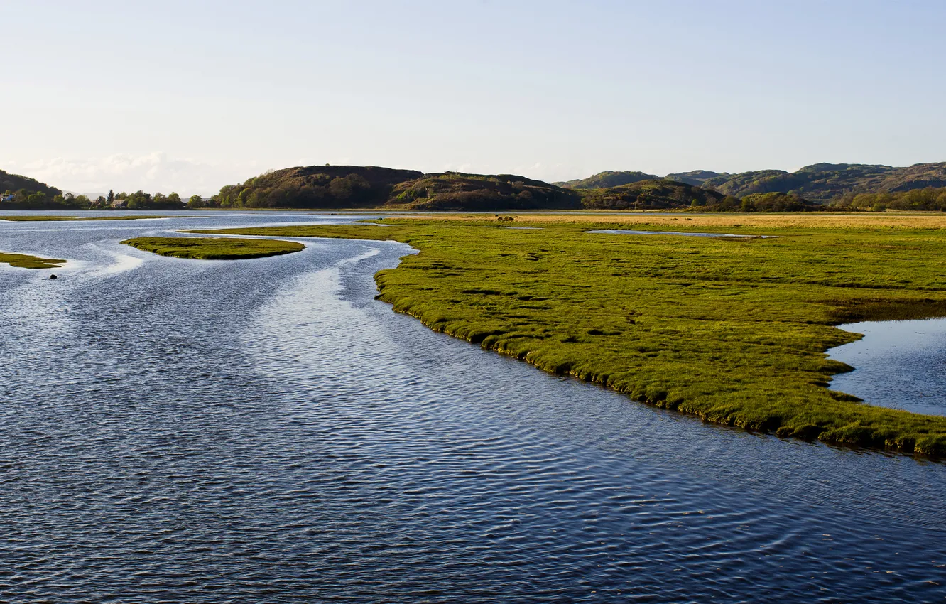 Photo wallpaper grass, water, river, hills, shore