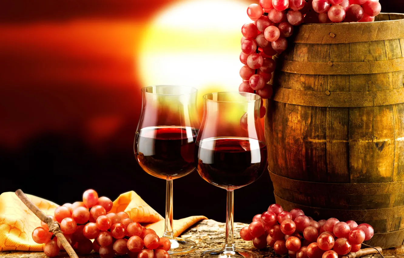 Photo wallpaper red, background, wine, glasses, grapes, barrel
