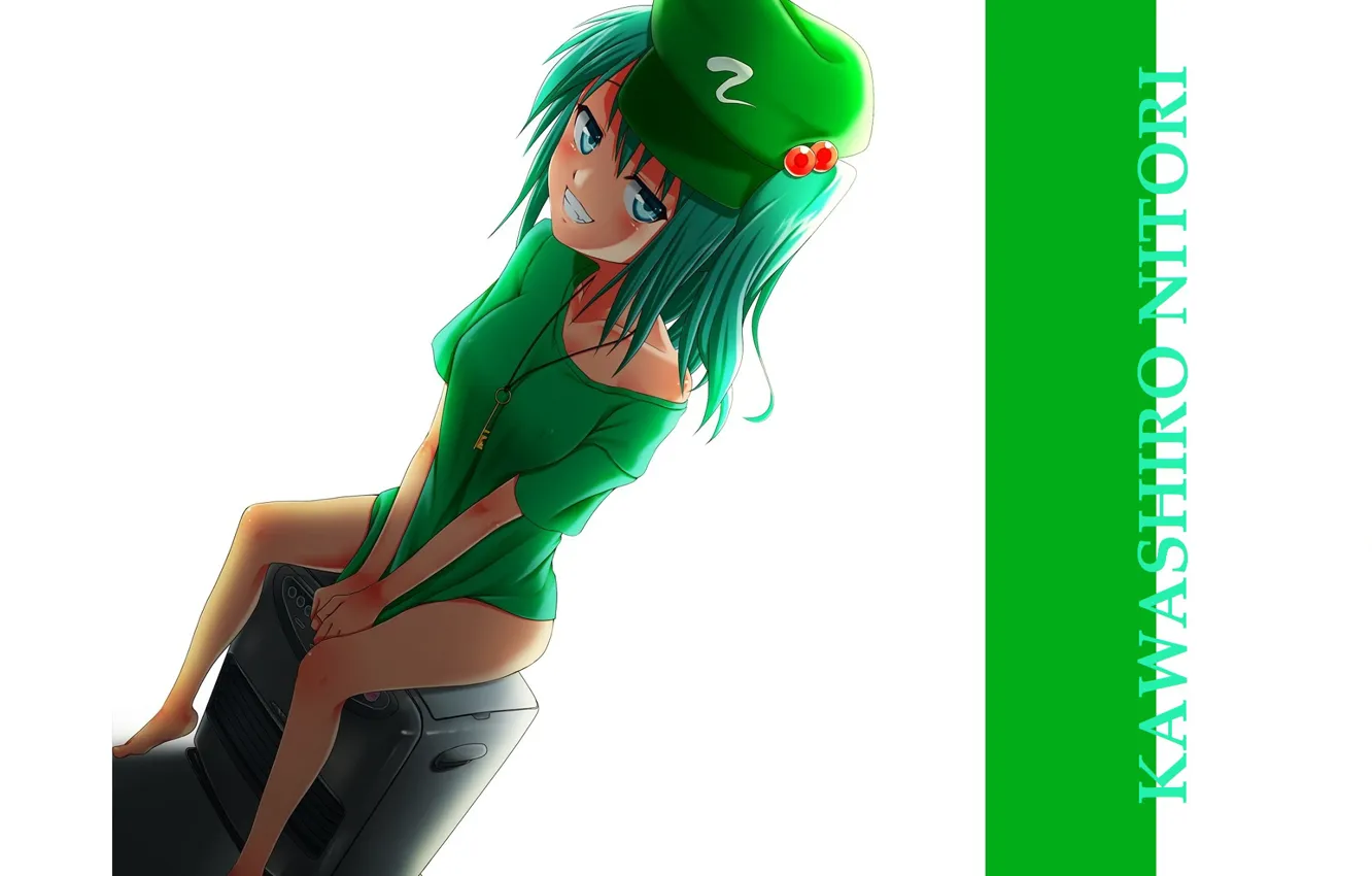 Photo wallpaper t-shirt, white background, cap, green hair, grin, sitting on a chair, Touhou Project, Project East