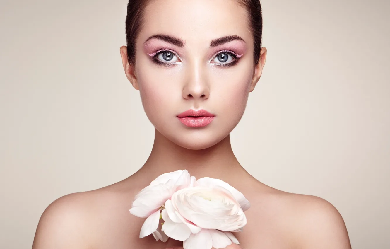 Photo wallpaper eyes, girl, flowers, style, naked, portrait, shoulders, make-up