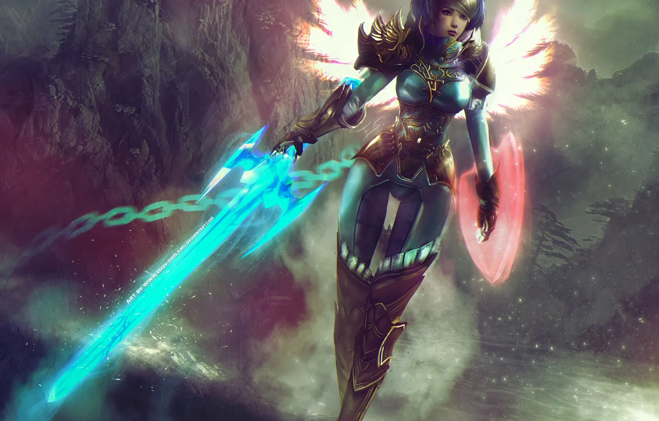 Photo wallpaper girl, magic, wings, sword, art, MAG, shield, Guild Wars 2