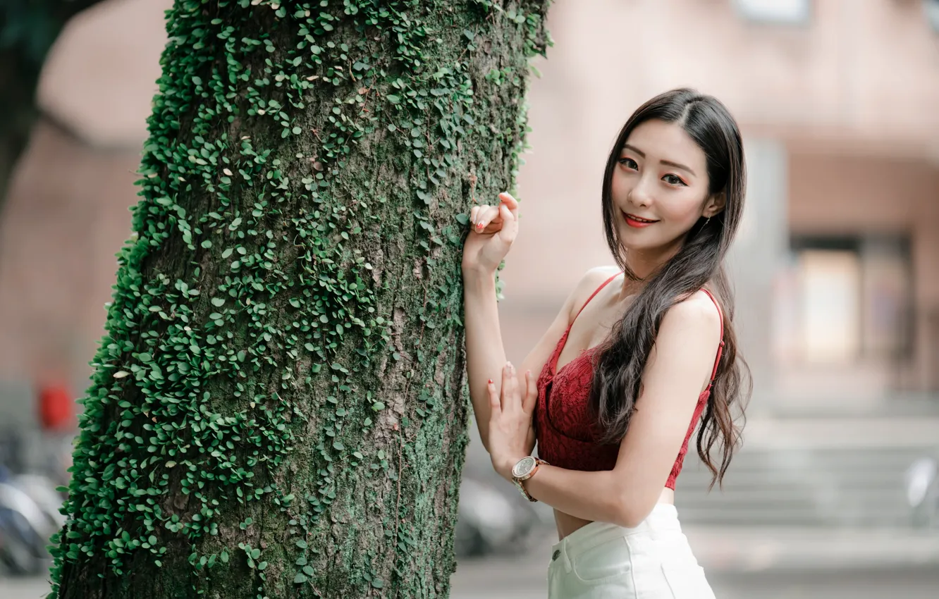 Photo wallpaper girl, pose, smile, hair, Asian, cutie