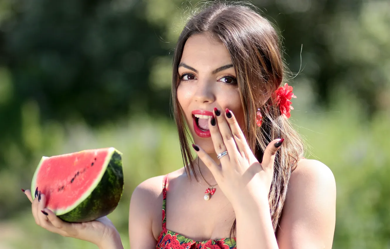 Photo wallpaper summer, girl, emotions, watermelon, brown hair, manicure
