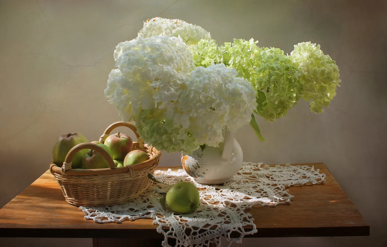 Photo wallpaper summer, flowers, apples, still life, hydrangea