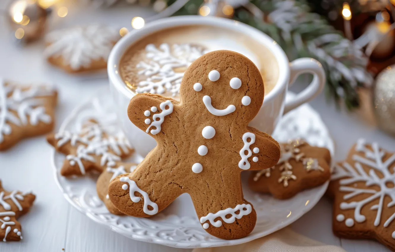 Photo wallpaper snowflakes, branches, table, new year, men, cookies, Christmas, Cup