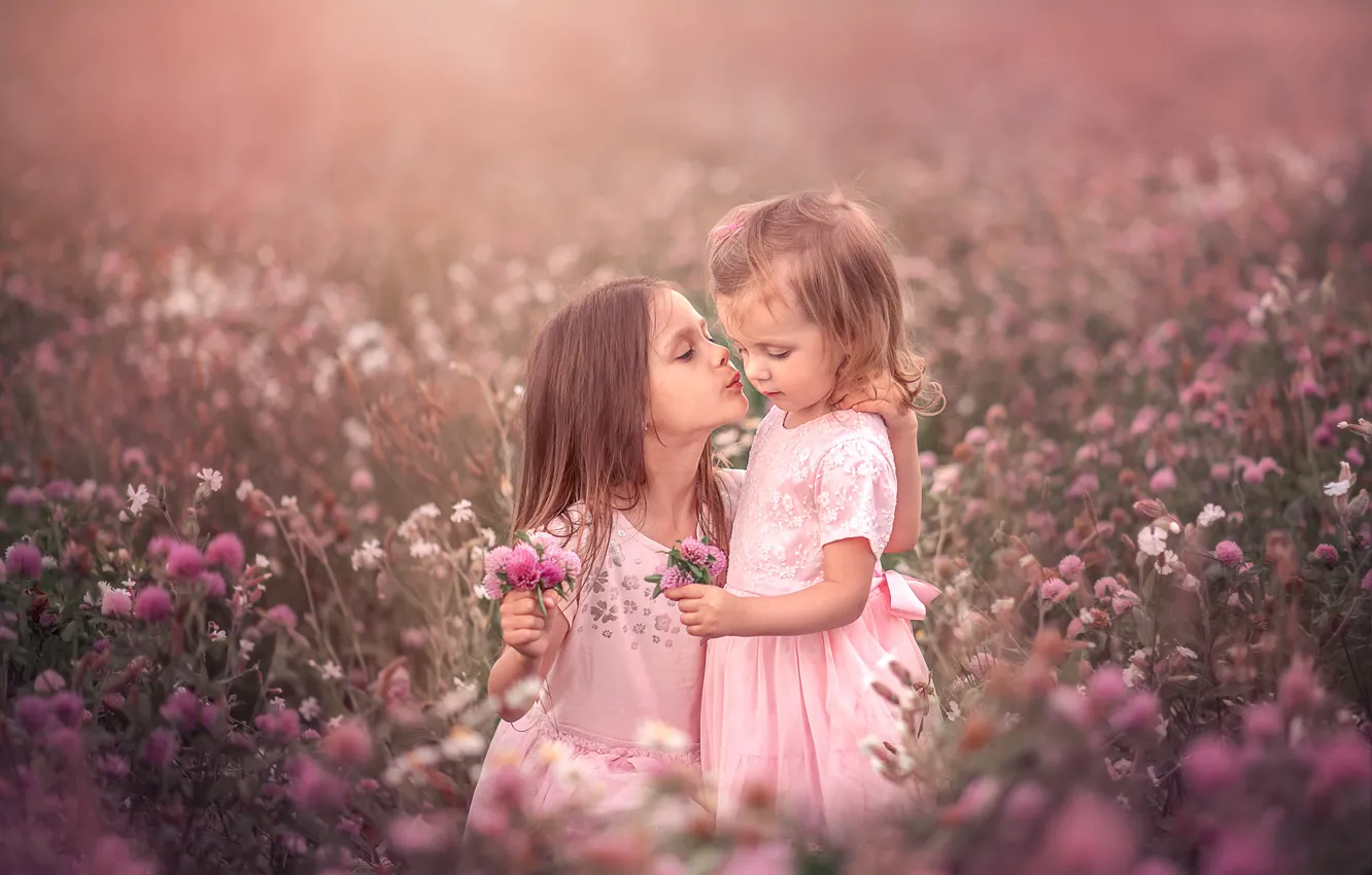 Photo wallpaper field, summer, love, flowers, nature, children, girls, tenderness