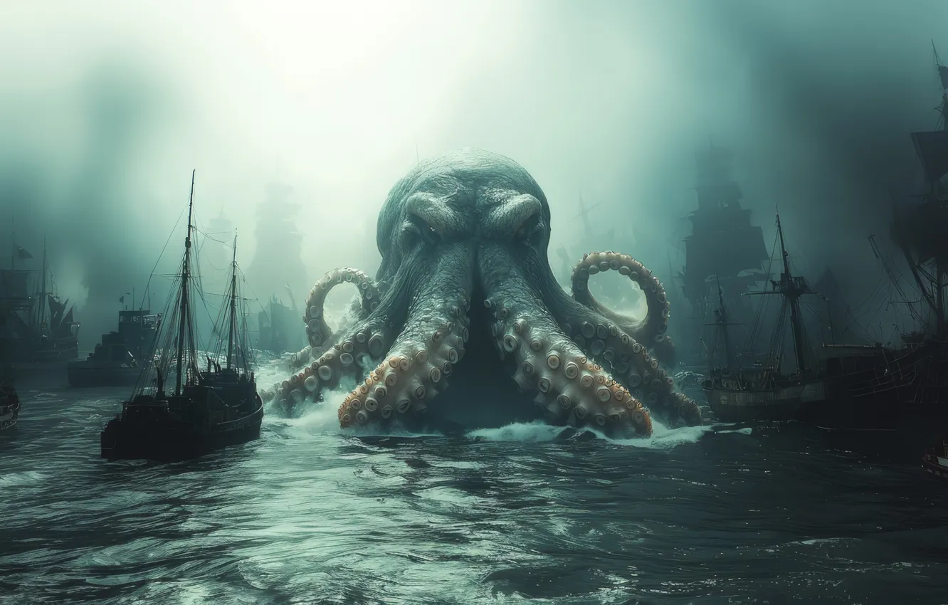 Photo wallpaper sea, fog, ship, sailboat, Kraken, digital art, sea monster, AI art