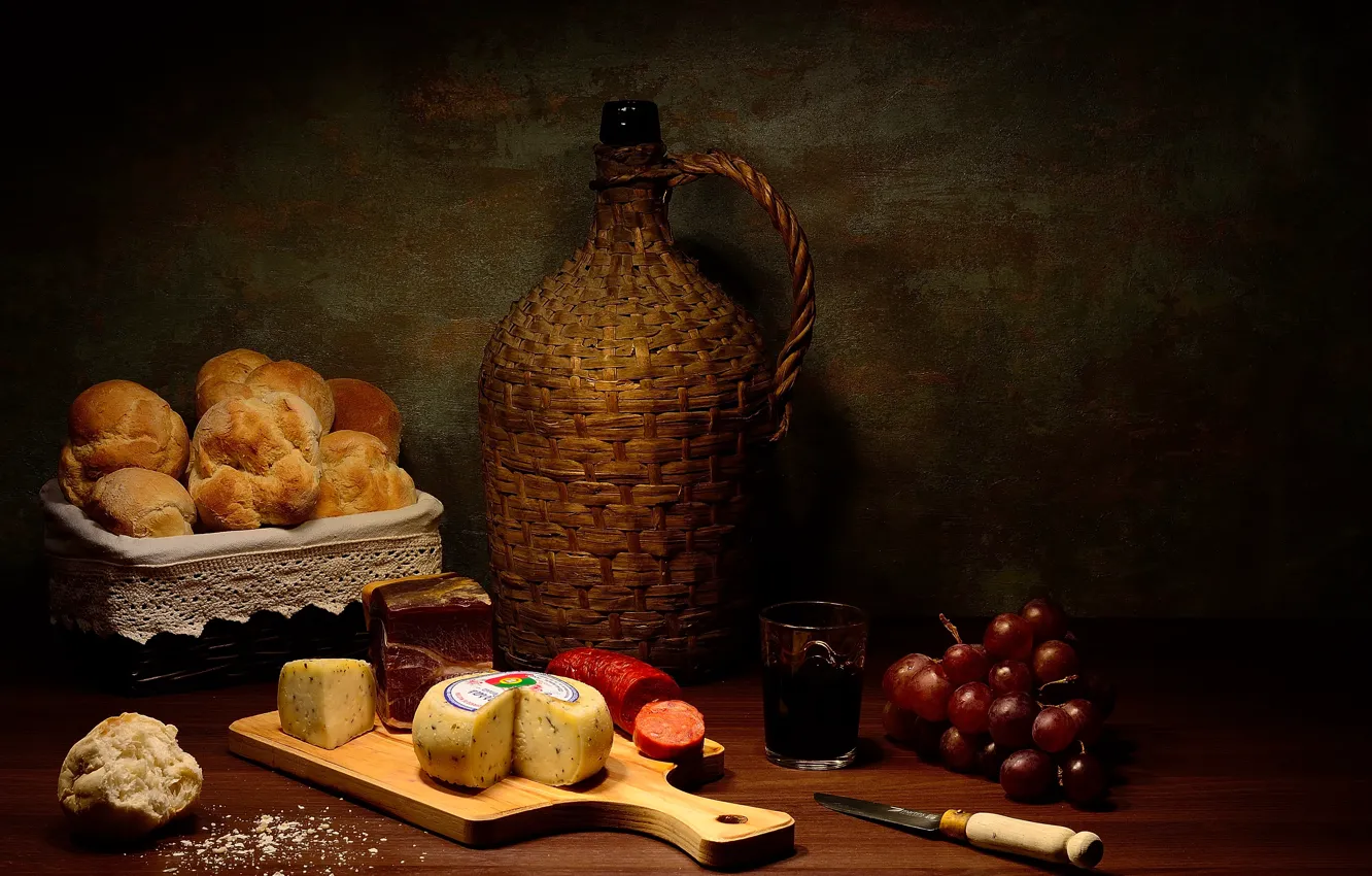 Photo wallpaper glass, the dark background, table, wine, cheese, grapes, knife, meat