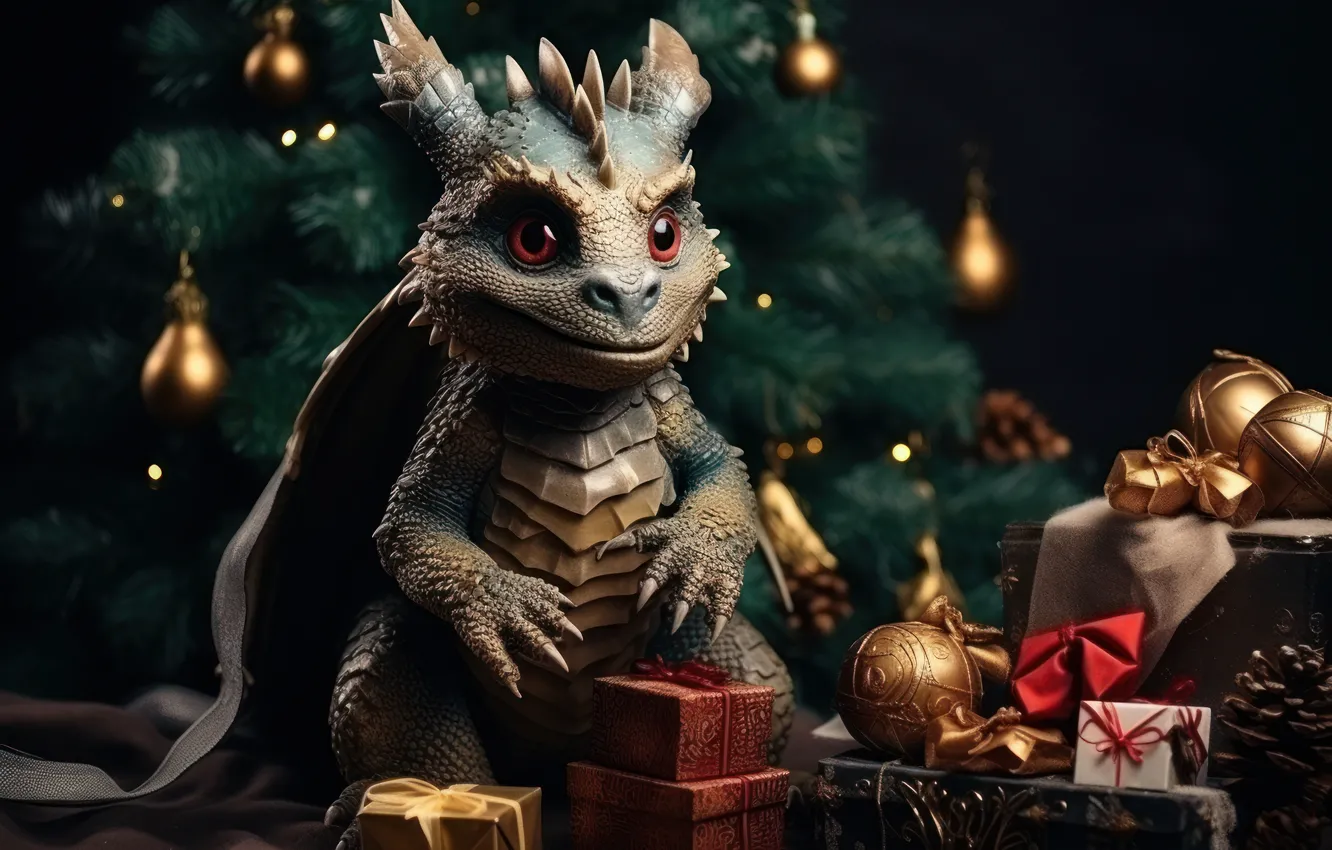 Photo wallpaper look, balls, green, the dark background, gift, dragon, toy, new year