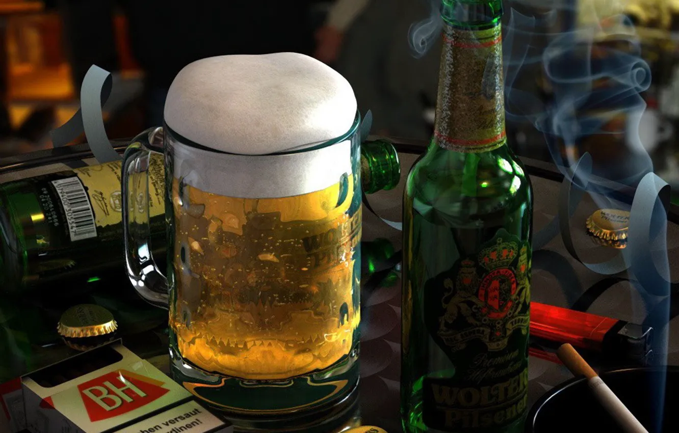 Photo wallpaper glass, bottle, cigarette, Beer