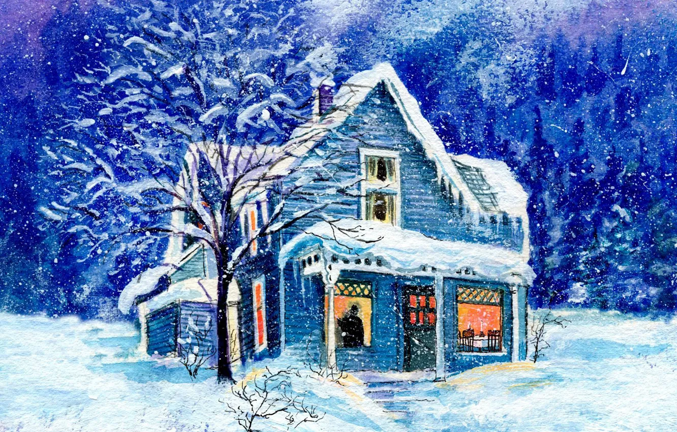 Photo wallpaper winter, snow, house, figure