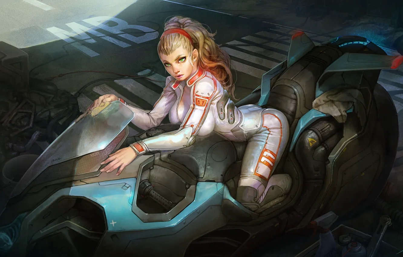 Photo wallpaper girl, future, art, costume, motorcycle