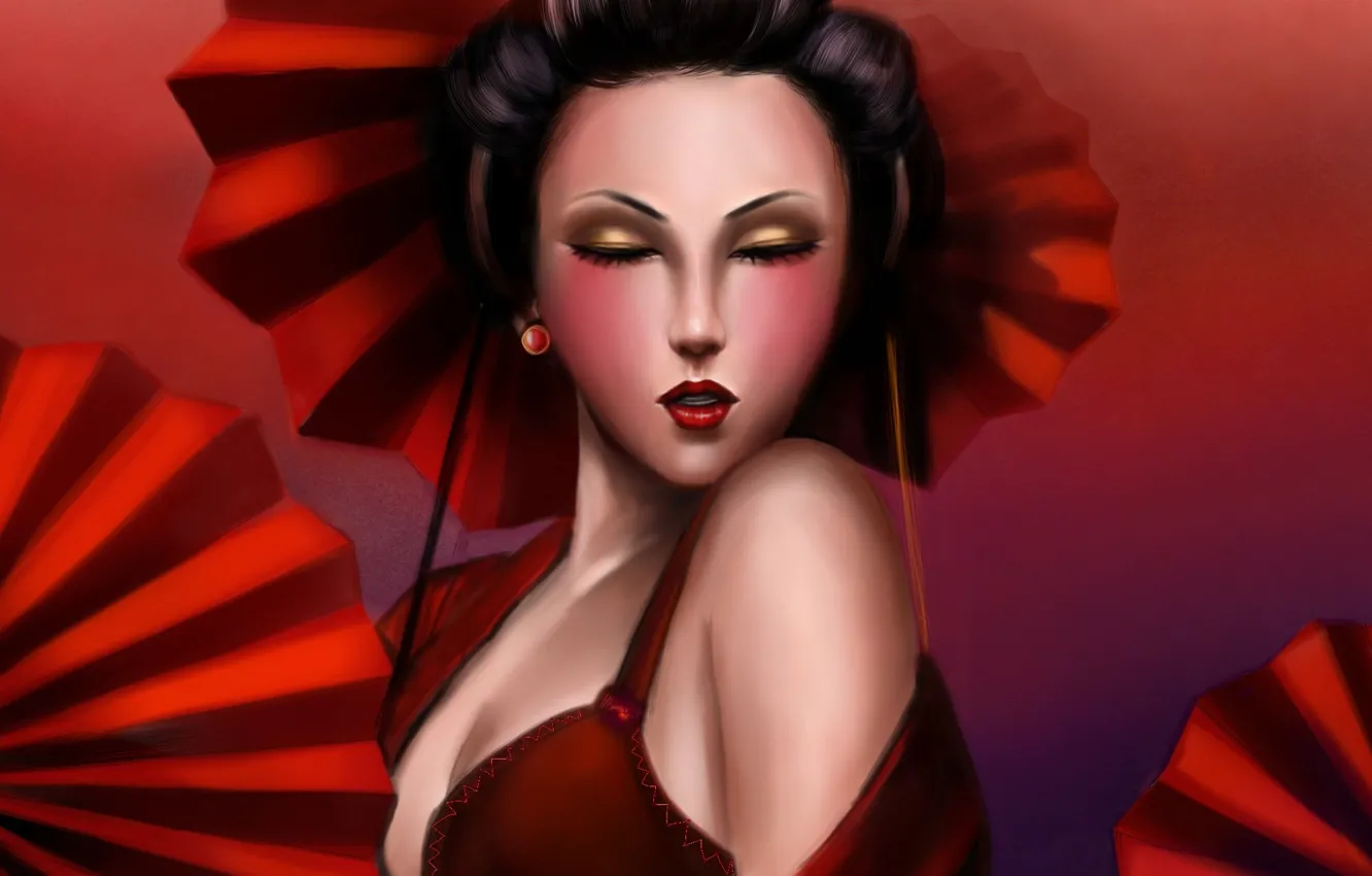Photo wallpaper girl, red, face, umbrella, art, geisha, Lilyzou