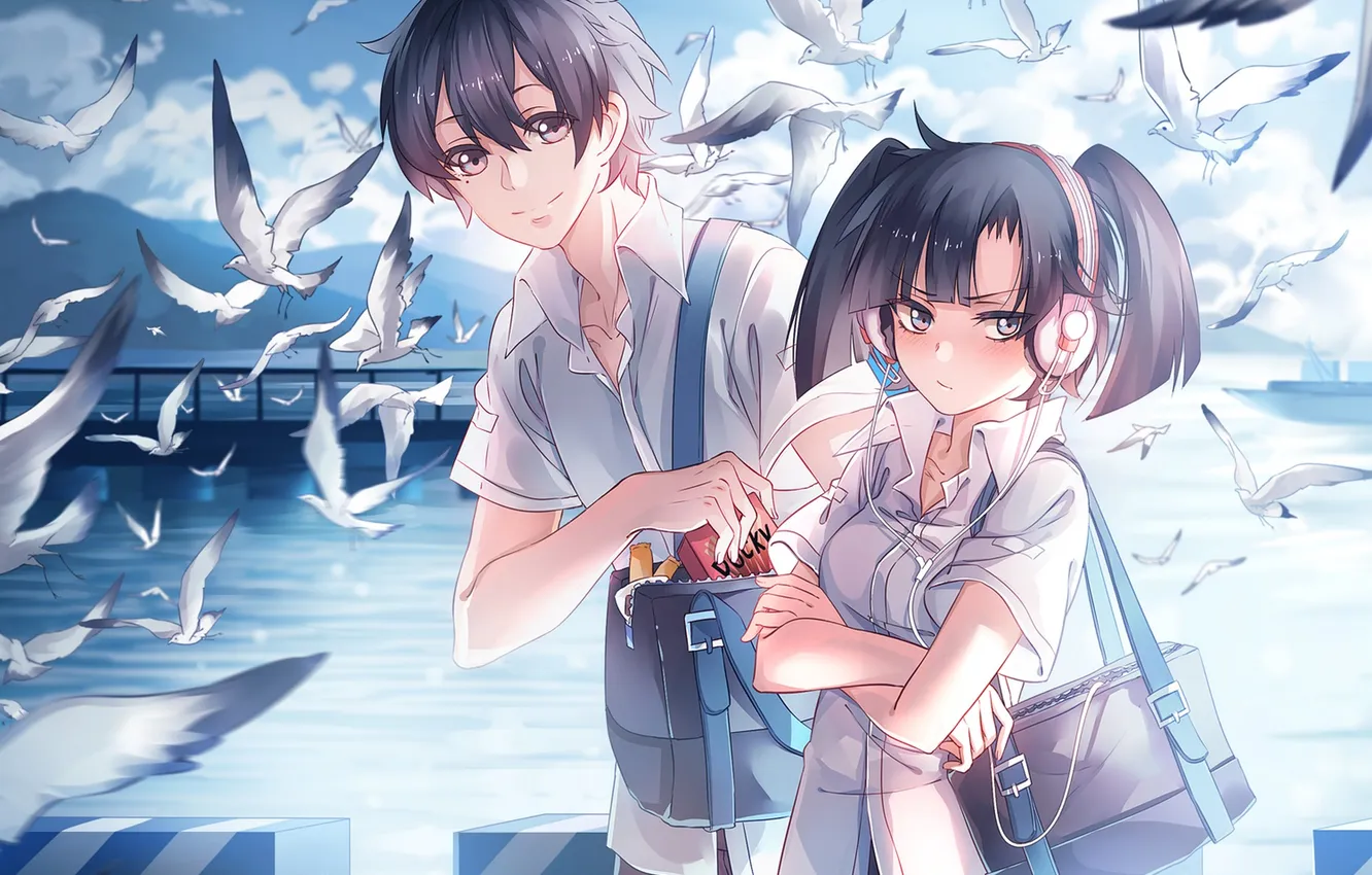 Photo wallpaper girl, birds, anime, headphones, art, chain, form, guy