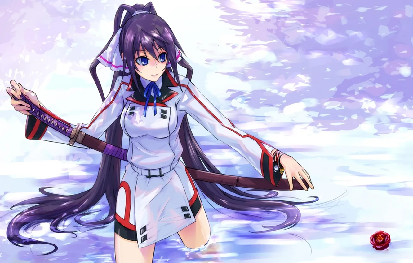 Photo wallpaper girl, smile, weapons, roses, sword, costume, river, art