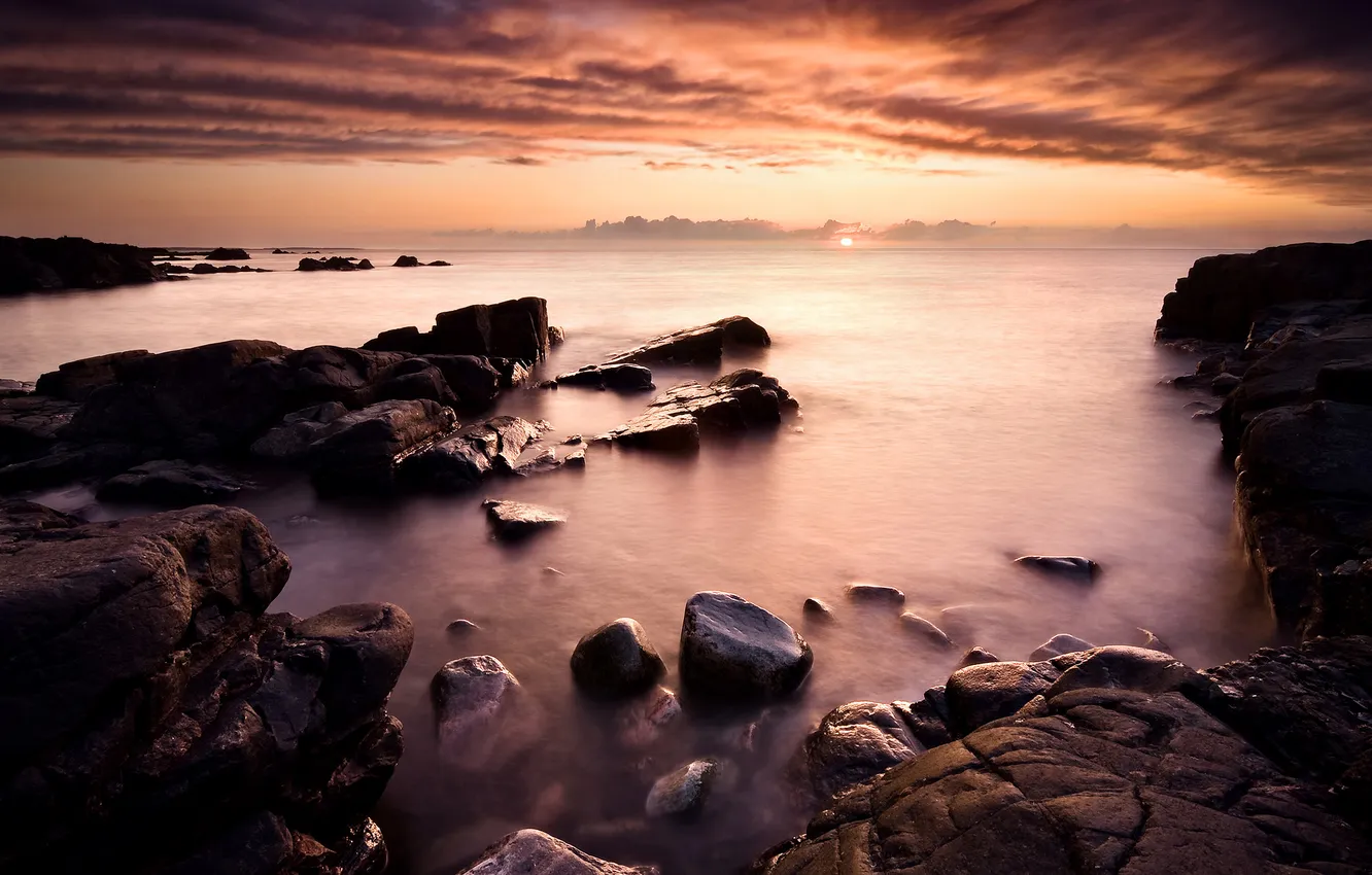 Photo wallpaper sea, the sky, clouds, sunset, stones, the evening, Sweden, sweden