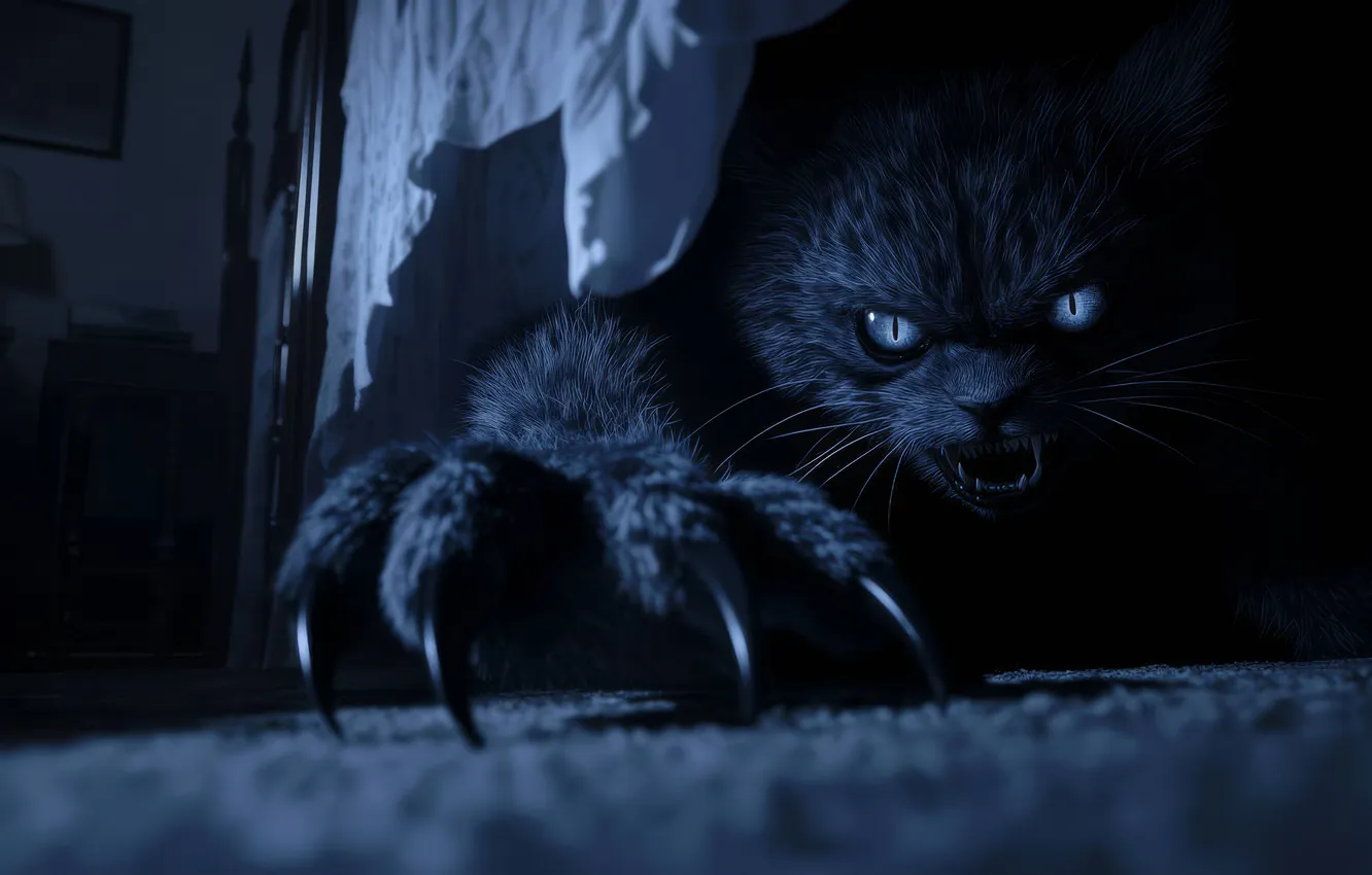 Photo wallpaper fear, claws, the threat, in the dark, evil eye, in ambush, wool. predator, black cat