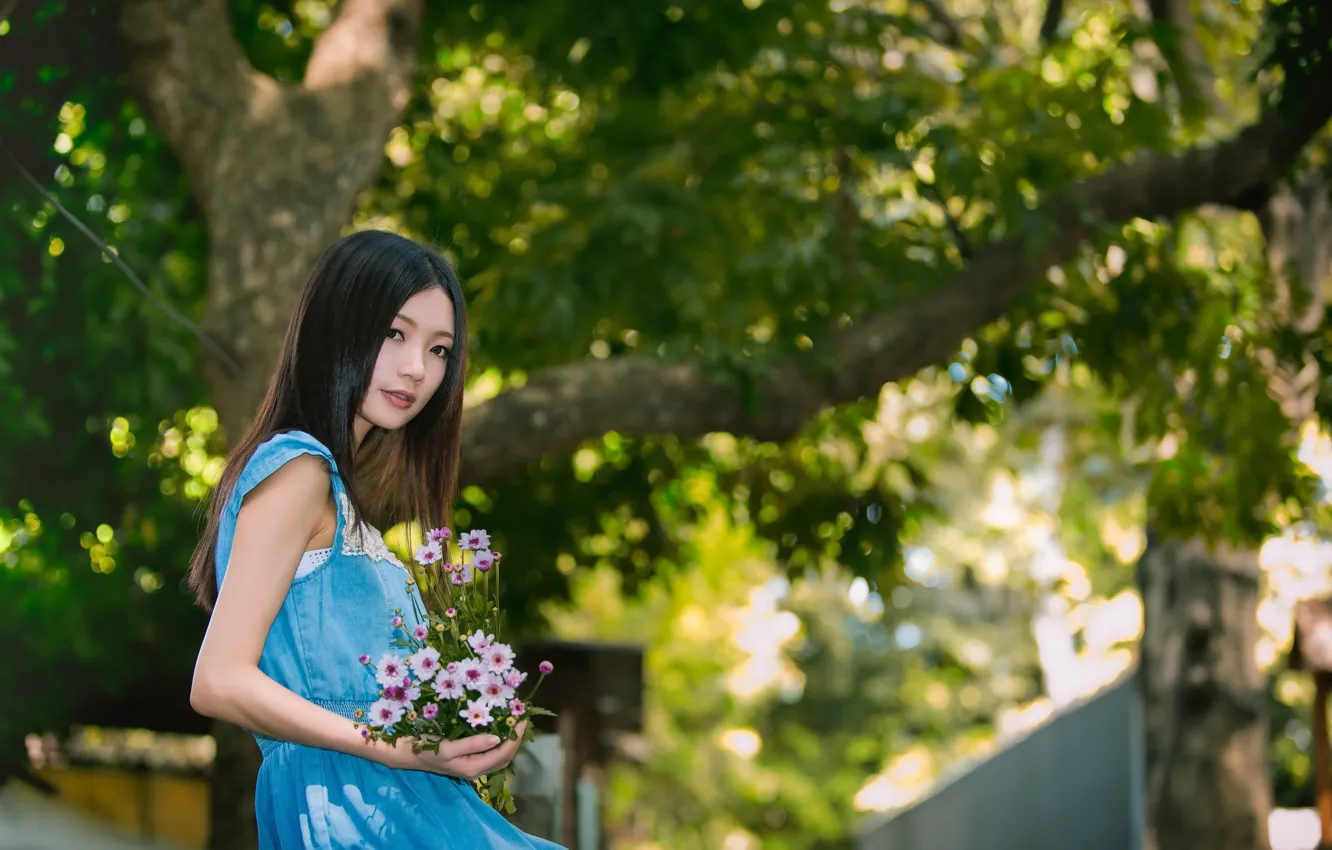 Photo wallpaper girl, flowers, mood, Asian