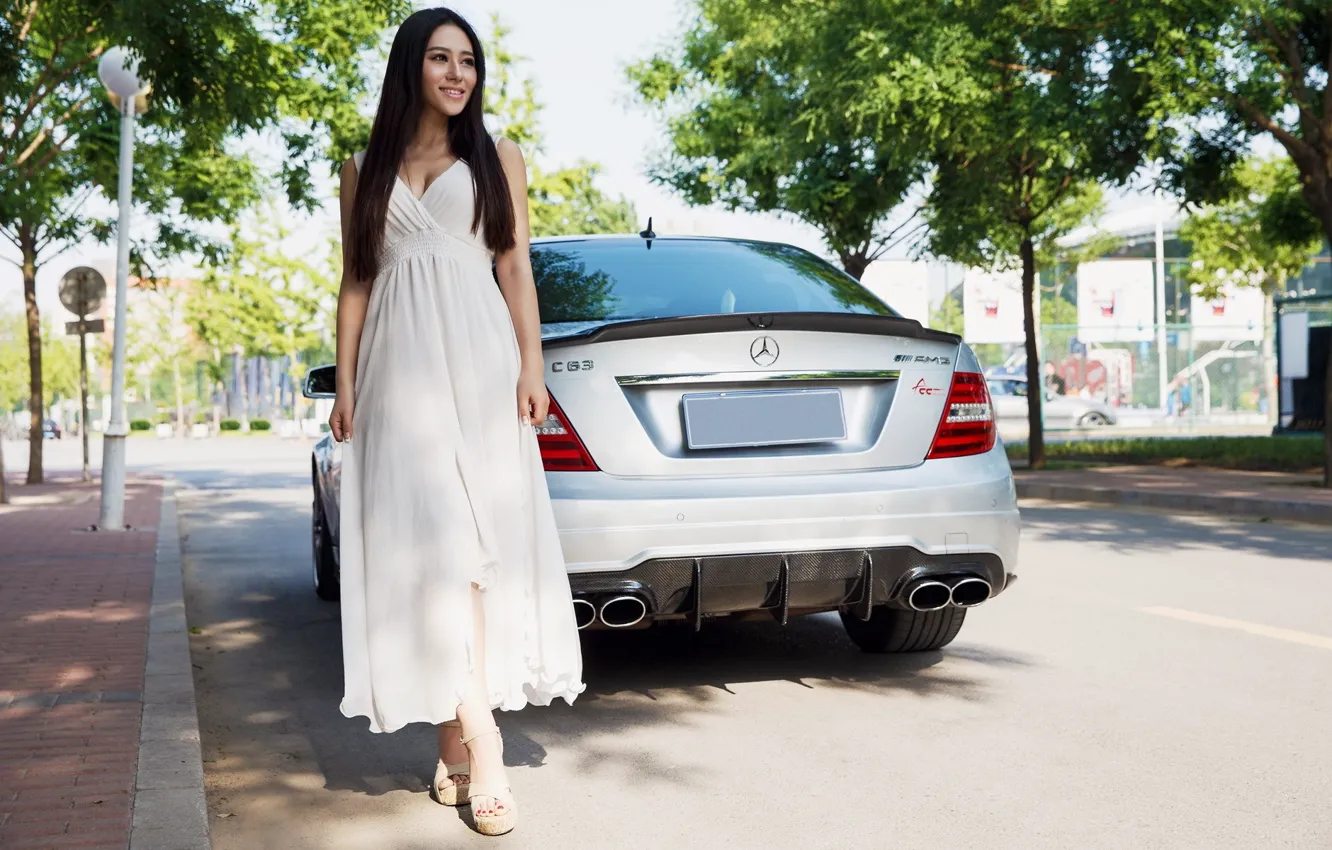 Photo wallpaper look, girl, smile, Mercedes, Asian, beautiful girl, blank car